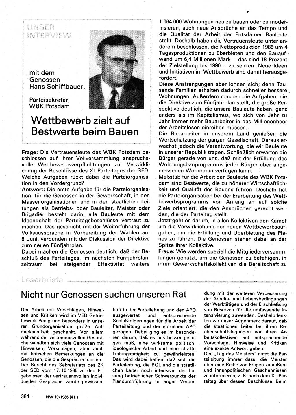 Neuer Weg (NW), Organ des Zentralkomitees (ZK) der SED (Sozialistische Einheitspartei Deutschlands) für Fragen des Parteilebens, 41. Jahrgang [Deutsche Demokratische Republik (DDR)] 1986, Seite 384 (NW ZK SED DDR 1986, S. 384)