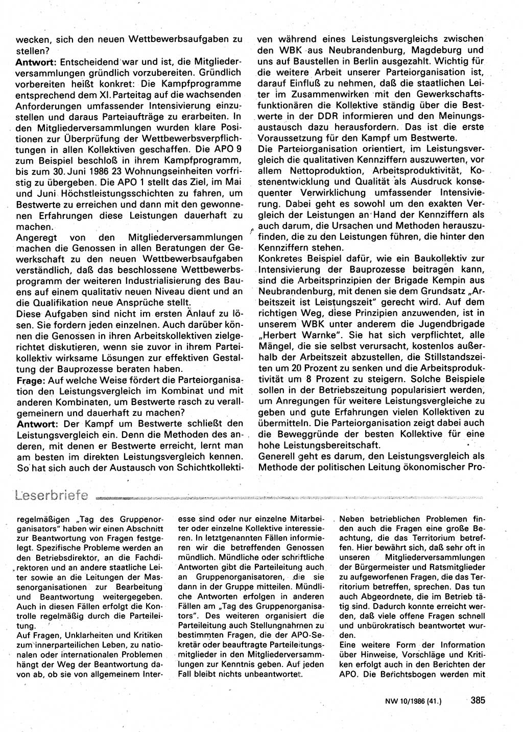 Neuer Weg (NW), Organ des Zentralkomitees (ZK) der SED (Sozialistische Einheitspartei Deutschlands) für Fragen des Parteilebens, 41. Jahrgang [Deutsche Demokratische Republik (DDR)] 1986, Seite 385 (NW ZK SED DDR 1986, S. 385)