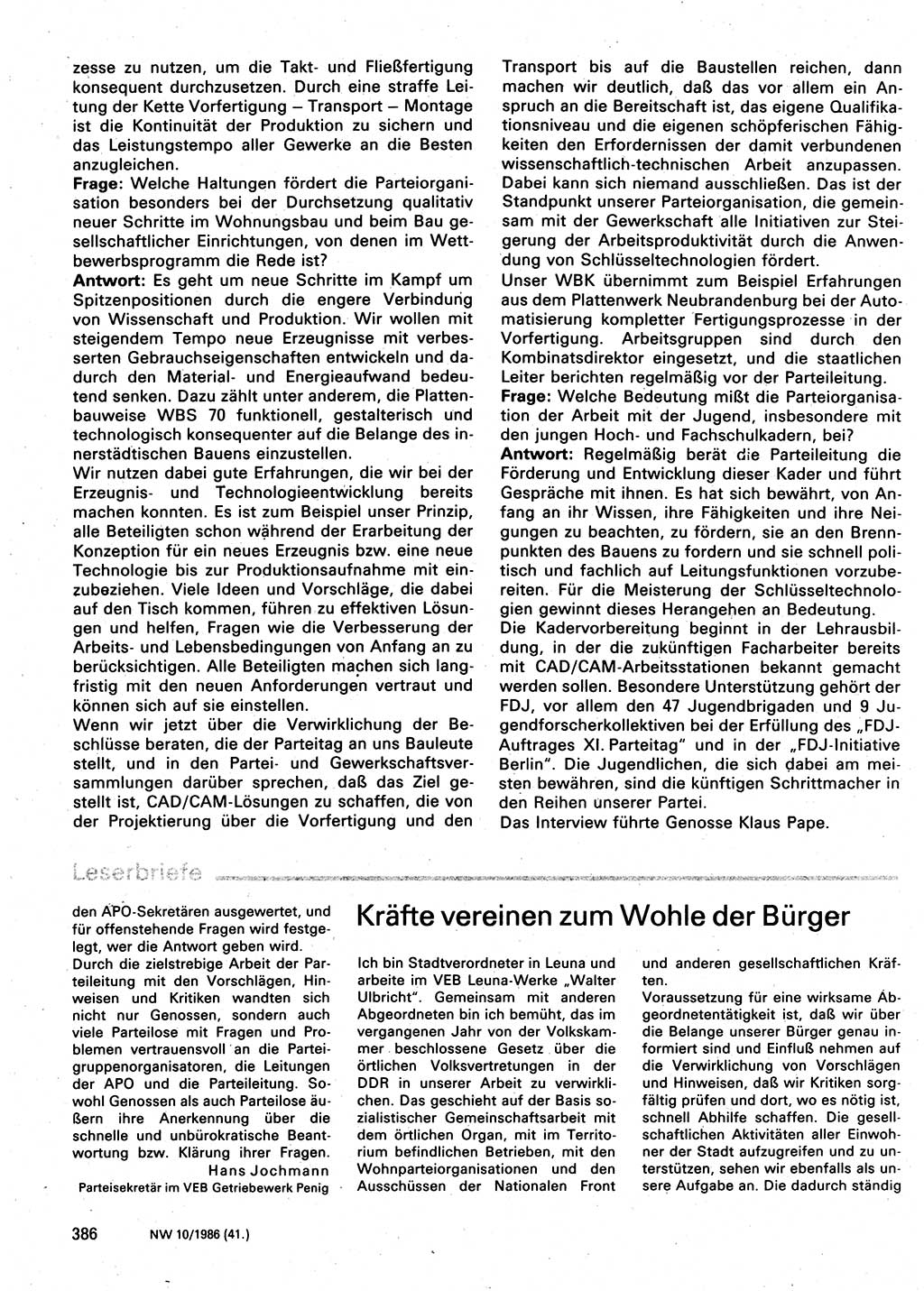 Neuer Weg (NW), Organ des Zentralkomitees (ZK) der SED (Sozialistische Einheitspartei Deutschlands) für Fragen des Parteilebens, 41. Jahrgang [Deutsche Demokratische Republik (DDR)] 1986, Seite 386 (NW ZK SED DDR 1986, S. 386)