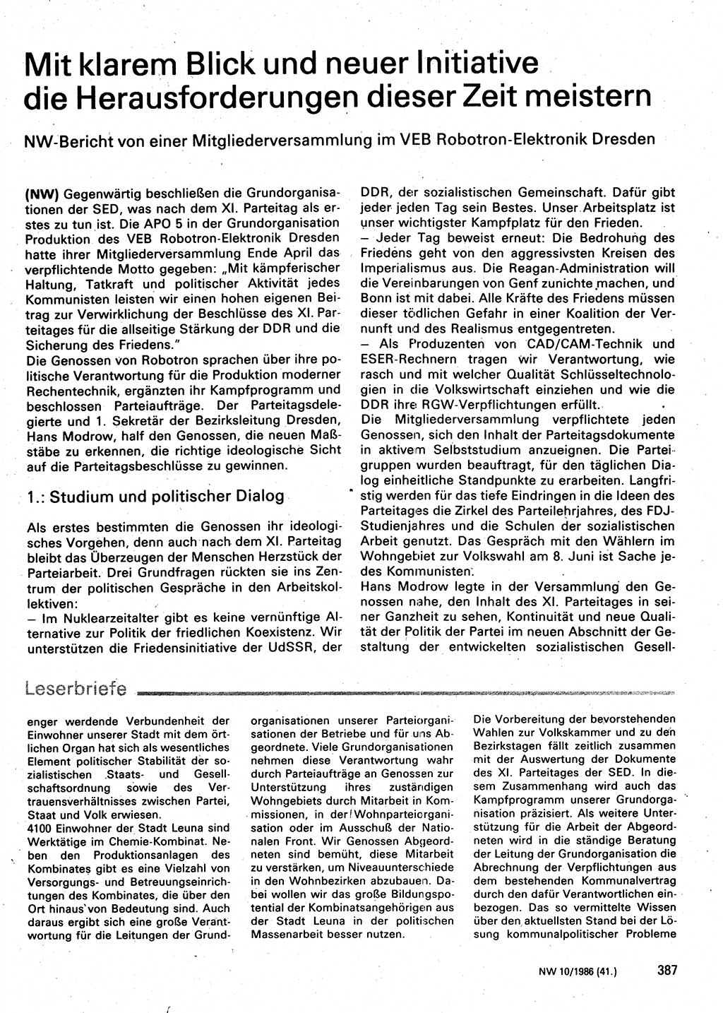 Neuer Weg (NW), Organ des Zentralkomitees (ZK) der SED (Sozialistische Einheitspartei Deutschlands) für Fragen des Parteilebens, 41. Jahrgang [Deutsche Demokratische Republik (DDR)] 1986, Seite 387 (NW ZK SED DDR 1986, S. 387)