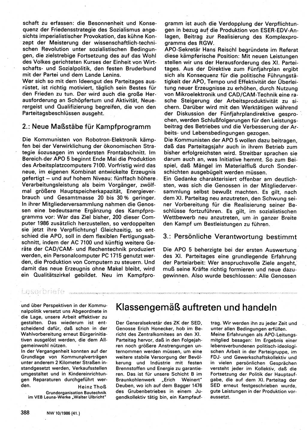 Neuer Weg (NW), Organ des Zentralkomitees (ZK) der SED (Sozialistische Einheitspartei Deutschlands) für Fragen des Parteilebens, 41. Jahrgang [Deutsche Demokratische Republik (DDR)] 1986, Seite 388 (NW ZK SED DDR 1986, S. 388)