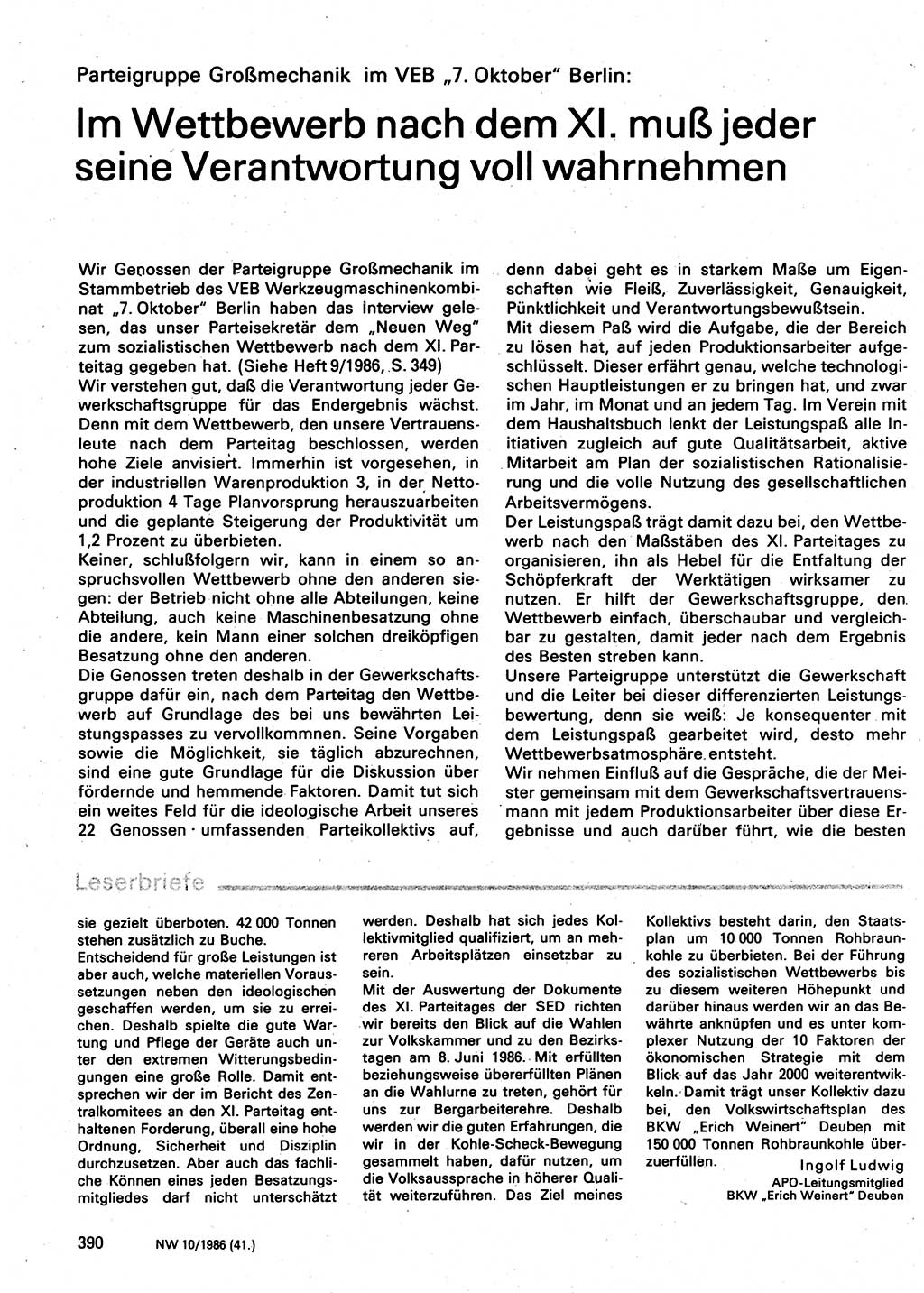 Neuer Weg (NW), Organ des Zentralkomitees (ZK) der SED (Sozialistische Einheitspartei Deutschlands) für Fragen des Parteilebens, 41. Jahrgang [Deutsche Demokratische Republik (DDR)] 1986, Seite 390 (NW ZK SED DDR 1986, S. 390)