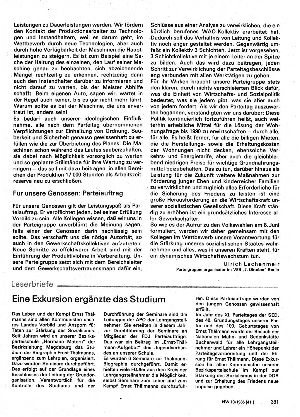 Neuer Weg (NW), Organ des Zentralkomitees (ZK) der SED (Sozialistische Einheitspartei Deutschlands) für Fragen des Parteilebens, 41. Jahrgang [Deutsche Demokratische Republik (DDR)] 1986, Seite 391 (NW ZK SED DDR 1986, S. 391)