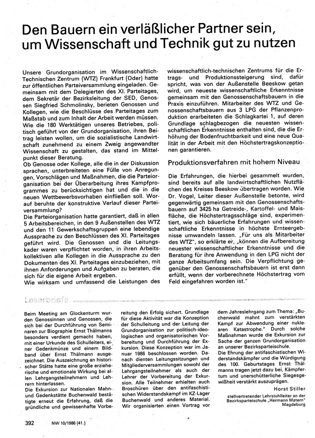 Neuer Weg (NW), Organ des Zentralkomitees (ZK) der SED (Sozialistische Einheitspartei Deutschlands) für Fragen des Parteilebens, 41. Jahrgang [Deutsche Demokratische Republik (DDR)] 1986, Seite 392 (NW ZK SED DDR 1986, S. 392)