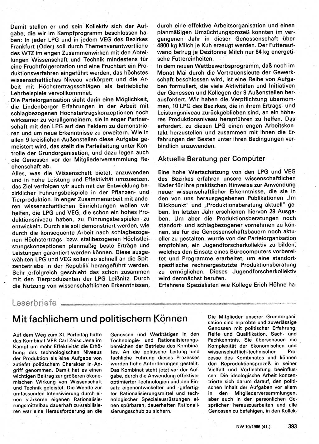 Neuer Weg (NW), Organ des Zentralkomitees (ZK) der SED (Sozialistische Einheitspartei Deutschlands) für Fragen des Parteilebens, 41. Jahrgang [Deutsche Demokratische Republik (DDR)] 1986, Seite 393 (NW ZK SED DDR 1986, S. 393)
