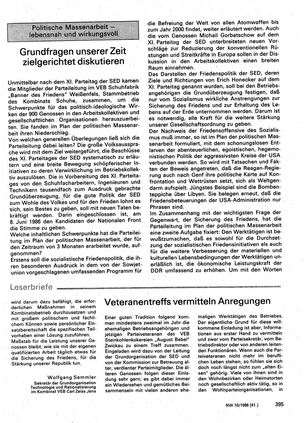 Neuer Weg (NW), Organ des Zentralkomitees (ZK) der SED (Sozialistische Einheitspartei Deutschlands) für Fragen des Parteilebens, 41. Jahrgang [Deutsche Demokratische Republik (DDR)] 1986, Seite 395 (NW ZK SED DDR 1986, S. 395)