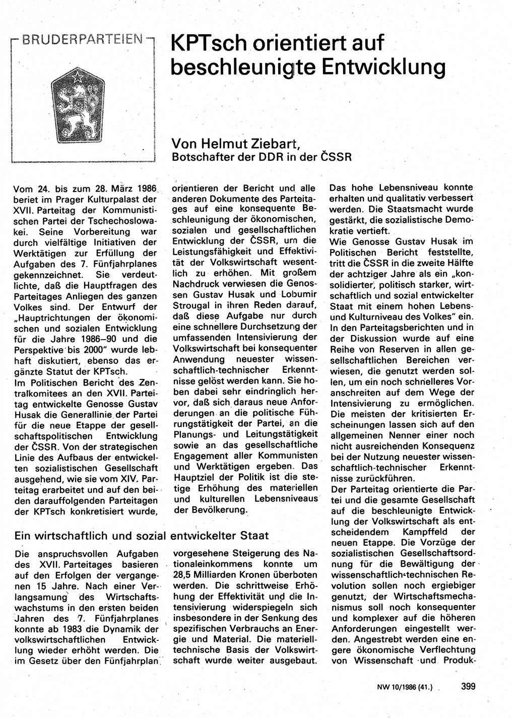 Neuer Weg (NW), Organ des Zentralkomitees (ZK) der SED (Sozialistische Einheitspartei Deutschlands) für Fragen des Parteilebens, 41. Jahrgang [Deutsche Demokratische Republik (DDR)] 1986, Seite 399 (NW ZK SED DDR 1986, S. 399)