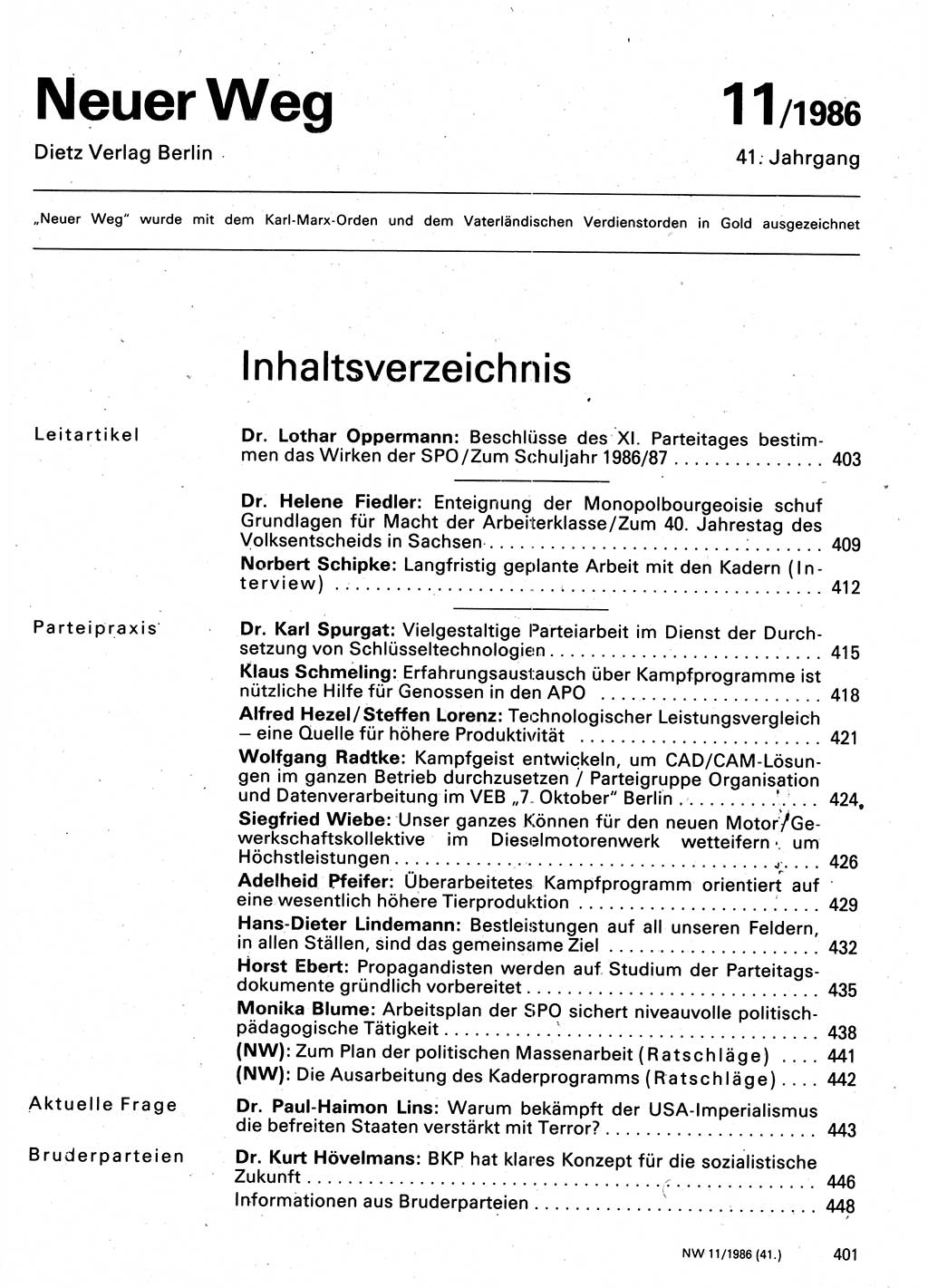 Neuer Weg (NW), Organ des Zentralkomitees (ZK) der SED (Sozialistische Einheitspartei Deutschlands) für Fragen des Parteilebens, 41. Jahrgang [Deutsche Demokratische Republik (DDR)] 1986, Seite 401 (NW ZK SED DDR 1986, S. 401)