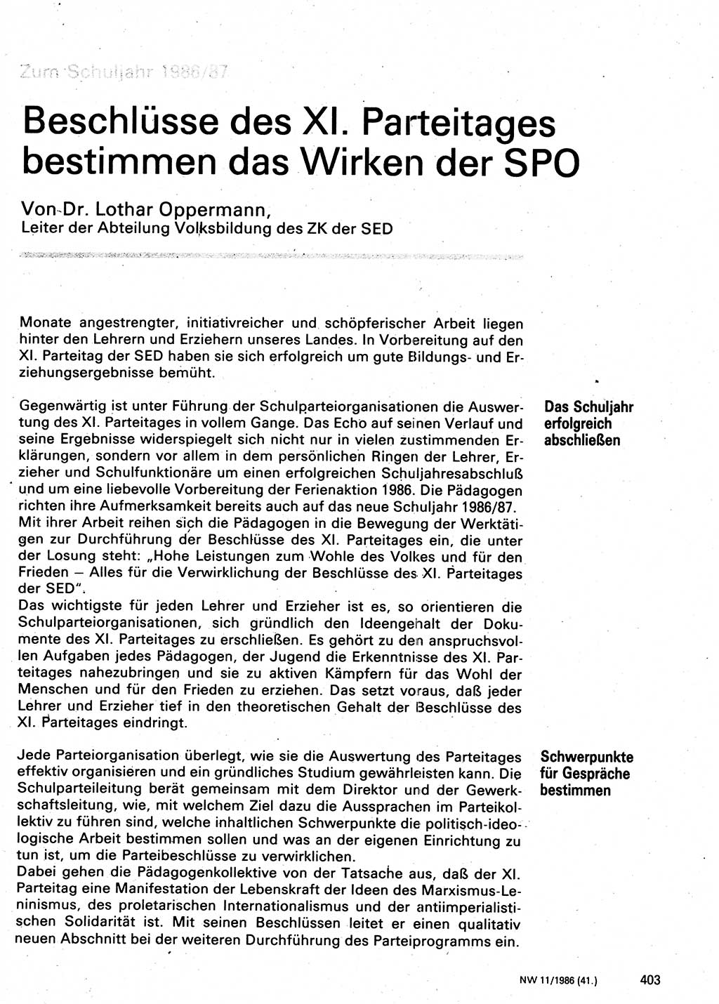Neuer Weg (NW), Organ des Zentralkomitees (ZK) der SED (Sozialistische Einheitspartei Deutschlands) für Fragen des Parteilebens, 41. Jahrgang [Deutsche Demokratische Republik (DDR)] 1986, Seite 403 (NW ZK SED DDR 1986, S. 403)