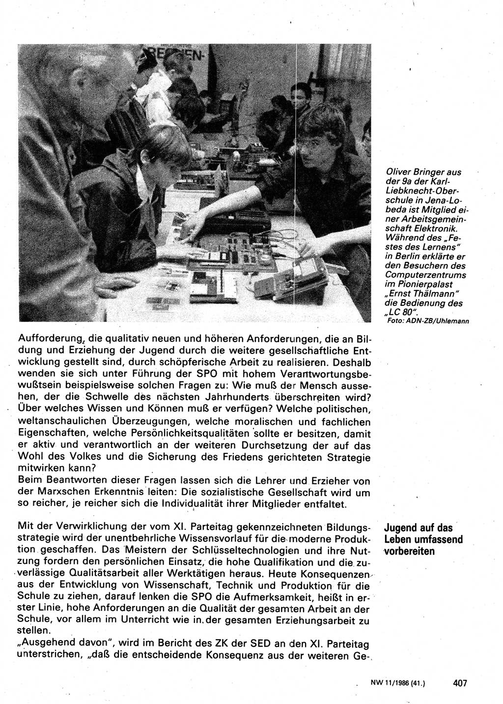 Neuer Weg (NW), Organ des Zentralkomitees (ZK) der SED (Sozialistische Einheitspartei Deutschlands) für Fragen des Parteilebens, 41. Jahrgang [Deutsche Demokratische Republik (DDR)] 1986, Seite 407 (NW ZK SED DDR 1986, S. 407)