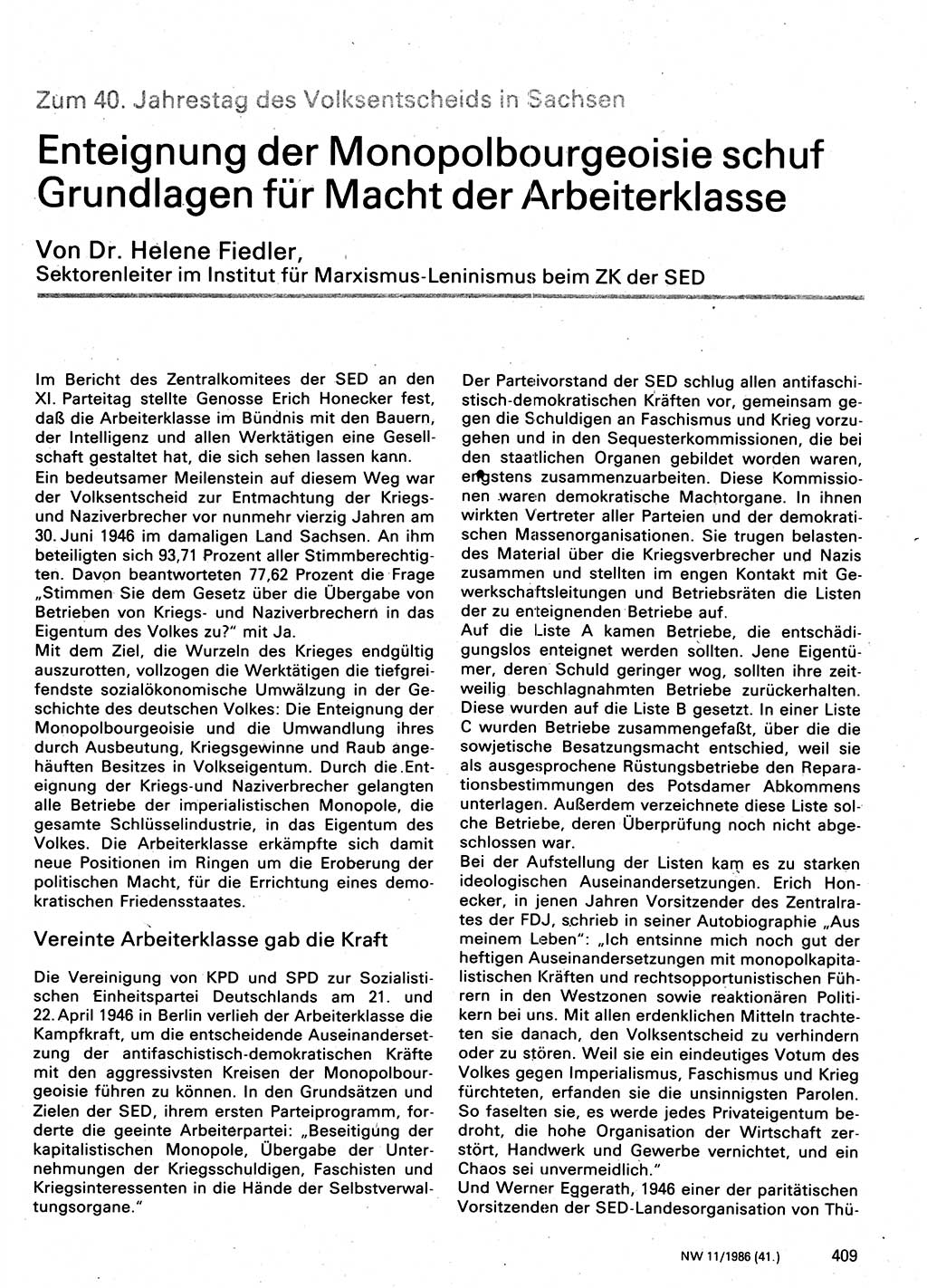 Neuer Weg (NW), Organ des Zentralkomitees (ZK) der SED (Sozialistische Einheitspartei Deutschlands) für Fragen des Parteilebens, 41. Jahrgang [Deutsche Demokratische Republik (DDR)] 1986, Seite 409 (NW ZK SED DDR 1986, S. 409)