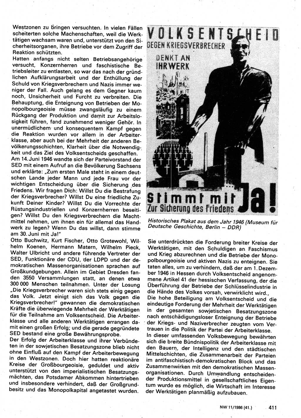 Neuer Weg (NW), Organ des Zentralkomitees (ZK) der SED (Sozialistische Einheitspartei Deutschlands) für Fragen des Parteilebens, 41. Jahrgang [Deutsche Demokratische Republik (DDR)] 1986, Seite 411 (NW ZK SED DDR 1986, S. 411)