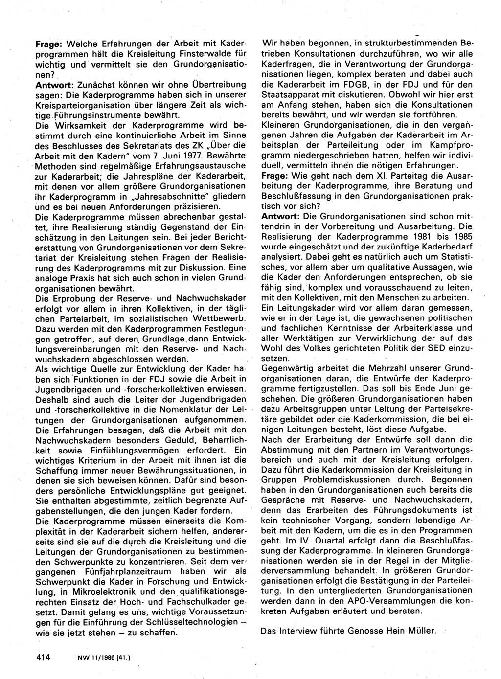 Neuer Weg (NW), Organ des Zentralkomitees (ZK) der SED (Sozialistische Einheitspartei Deutschlands) für Fragen des Parteilebens, 41. Jahrgang [Deutsche Demokratische Republik (DDR)] 1986, Seite 414 (NW ZK SED DDR 1986, S. 414)