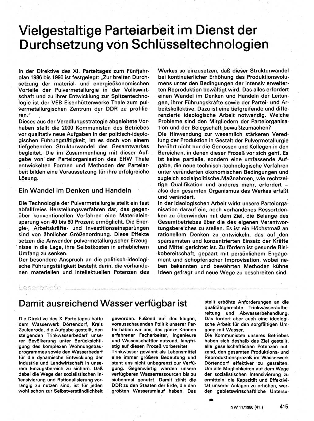 Neuer Weg (NW), Organ des Zentralkomitees (ZK) der SED (Sozialistische Einheitspartei Deutschlands) für Fragen des Parteilebens, 41. Jahrgang [Deutsche Demokratische Republik (DDR)] 1986, Seite 415 (NW ZK SED DDR 1986, S. 415)