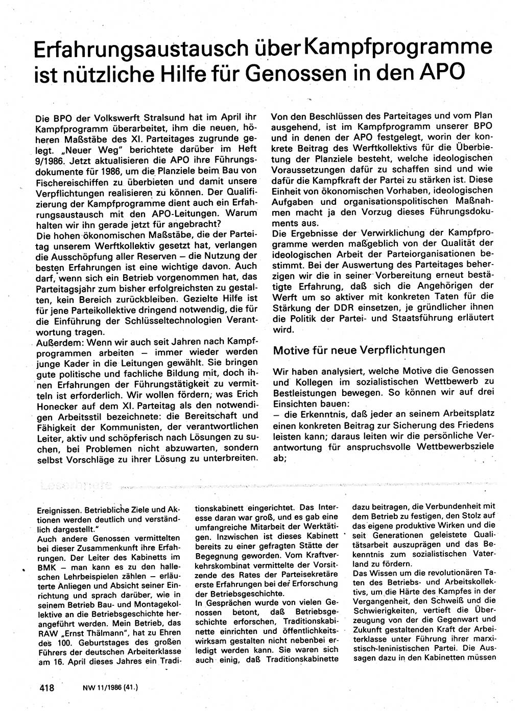 Neuer Weg (NW), Organ des Zentralkomitees (ZK) der SED (Sozialistische Einheitspartei Deutschlands) für Fragen des Parteilebens, 41. Jahrgang [Deutsche Demokratische Republik (DDR)] 1986, Seite 418 (NW ZK SED DDR 1986, S. 418)