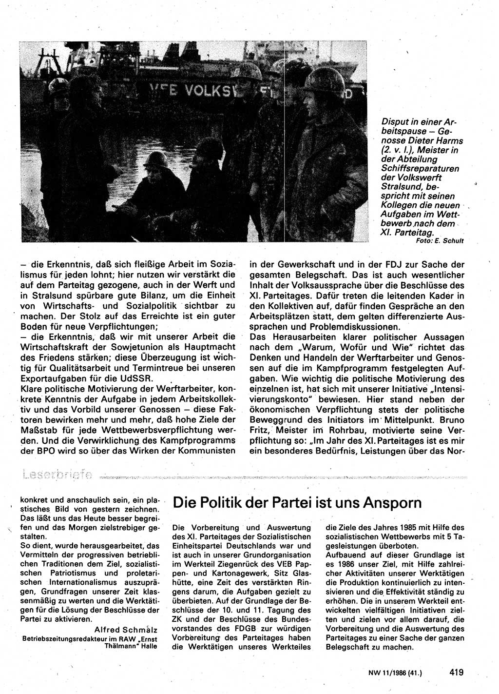 Neuer Weg (NW), Organ des Zentralkomitees (ZK) der SED (Sozialistische Einheitspartei Deutschlands) für Fragen des Parteilebens, 41. Jahrgang [Deutsche Demokratische Republik (DDR)] 1986, Seite 419 (NW ZK SED DDR 1986, S. 419)