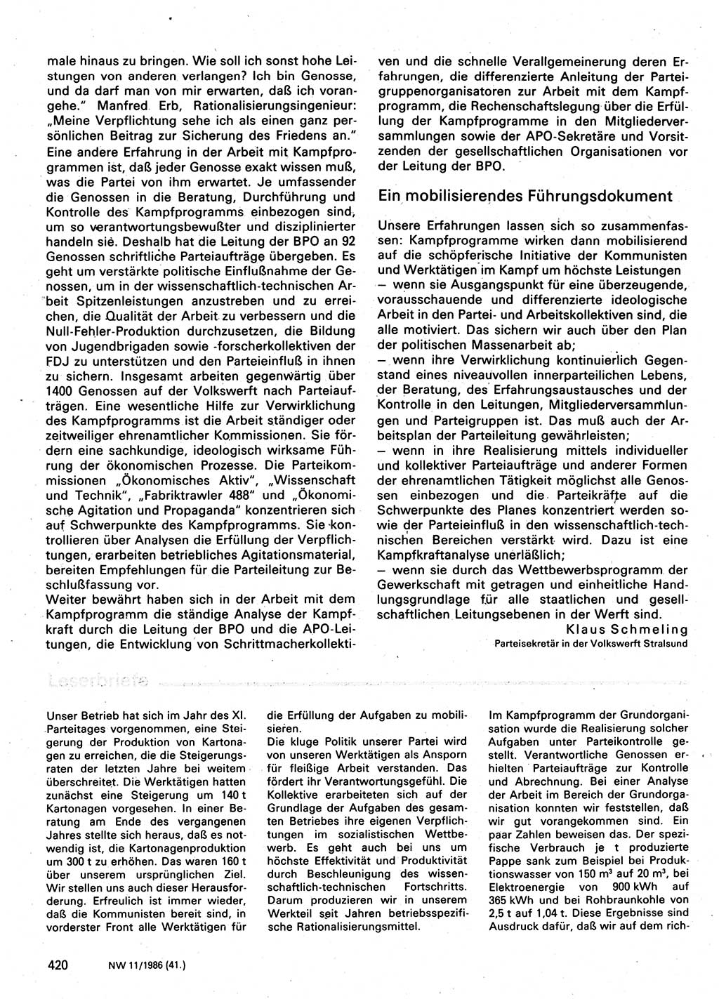 Neuer Weg (NW), Organ des Zentralkomitees (ZK) der SED (Sozialistische Einheitspartei Deutschlands) für Fragen des Parteilebens, 41. Jahrgang [Deutsche Demokratische Republik (DDR)] 1986, Seite 420 (NW ZK SED DDR 1986, S. 420)