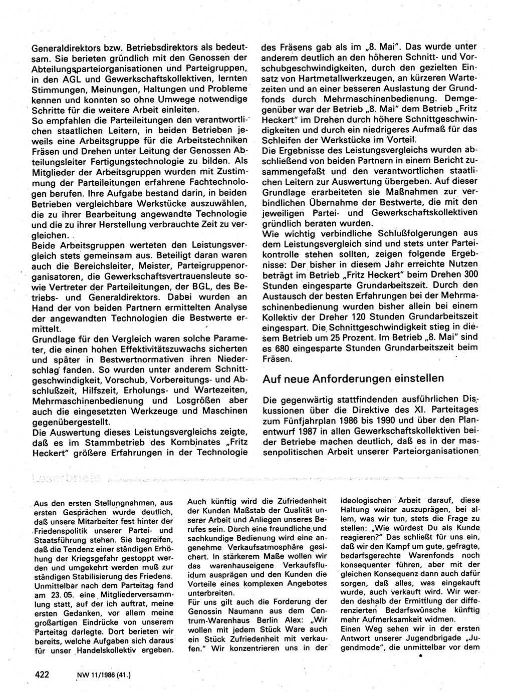 Neuer Weg (NW), Organ des Zentralkomitees (ZK) der SED (Sozialistische Einheitspartei Deutschlands) für Fragen des Parteilebens, 41. Jahrgang [Deutsche Demokratische Republik (DDR)] 1986, Seite 422 (NW ZK SED DDR 1986, S. 422)