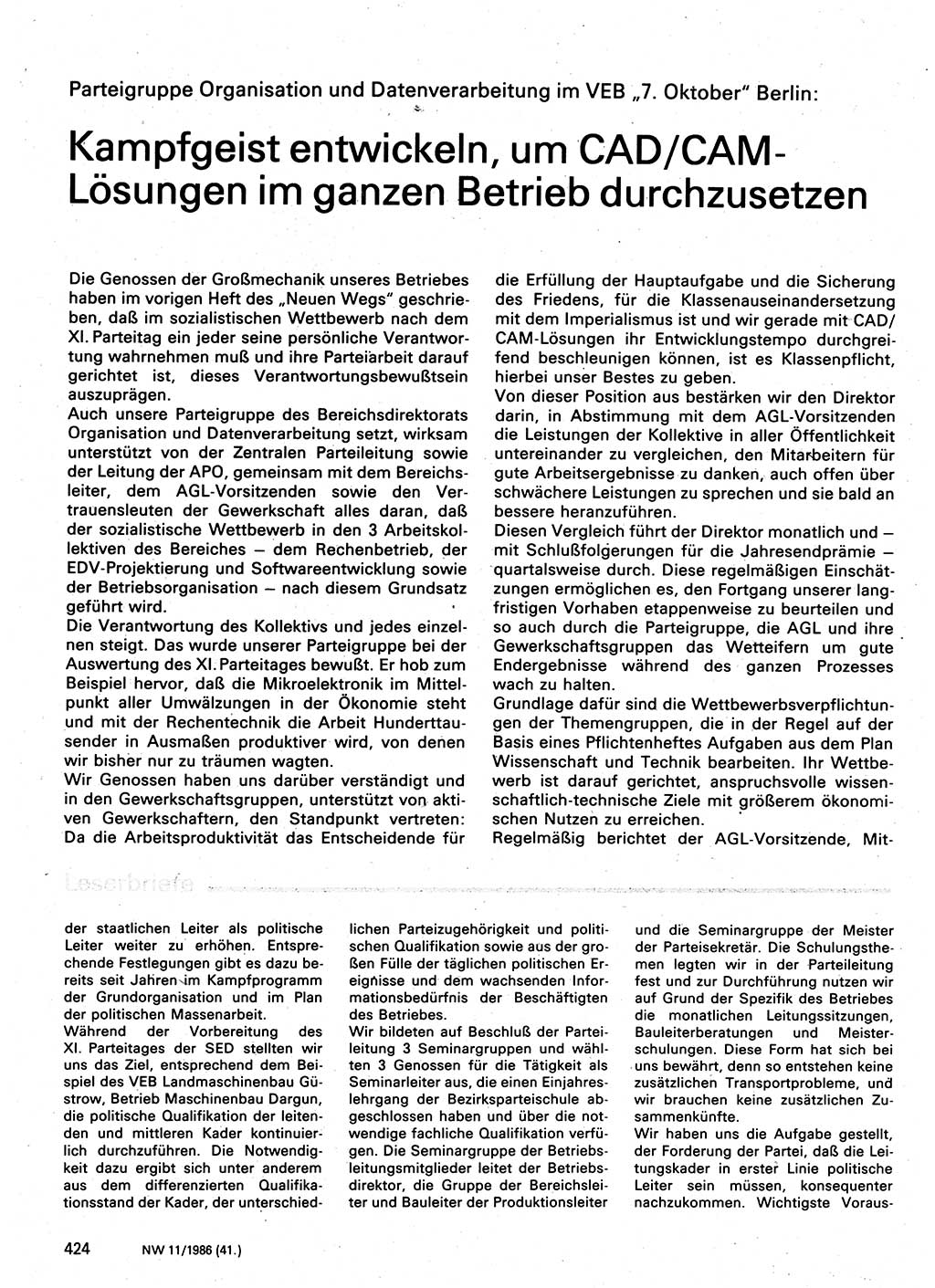 Neuer Weg (NW), Organ des Zentralkomitees (ZK) der SED (Sozialistische Einheitspartei Deutschlands) für Fragen des Parteilebens, 41. Jahrgang [Deutsche Demokratische Republik (DDR)] 1986, Seite 424 (NW ZK SED DDR 1986, S. 424)