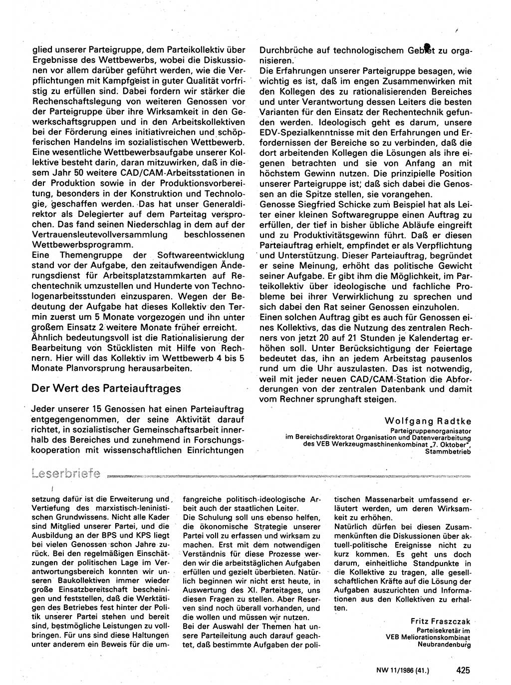 Neuer Weg (NW), Organ des Zentralkomitees (ZK) der SED (Sozialistische Einheitspartei Deutschlands) für Fragen des Parteilebens, 41. Jahrgang [Deutsche Demokratische Republik (DDR)] 1986, Seite 425 (NW ZK SED DDR 1986, S. 425)