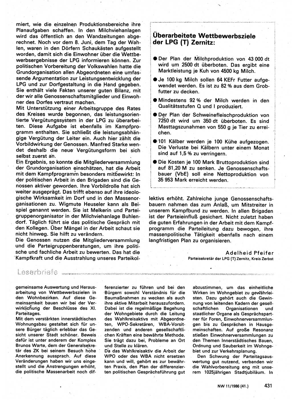 Neuer Weg (NW), Organ des Zentralkomitees (ZK) der SED (Sozialistische Einheitspartei Deutschlands) für Fragen des Parteilebens, 41. Jahrgang [Deutsche Demokratische Republik (DDR)] 1986, Seite 431 (NW ZK SED DDR 1986, S. 431)