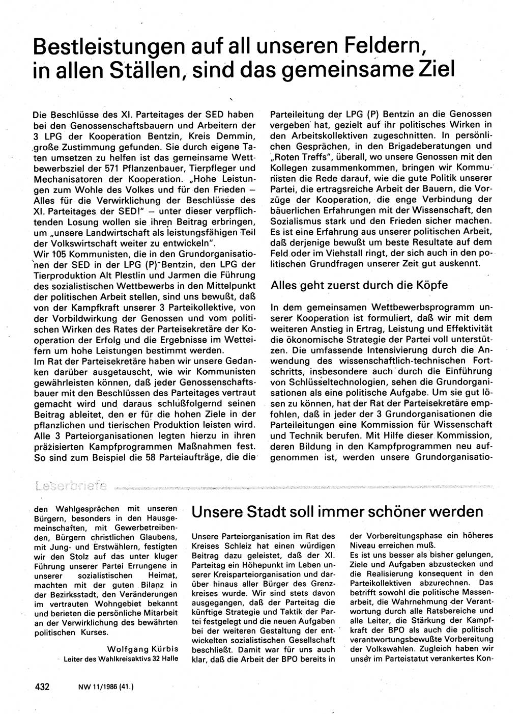Neuer Weg (NW), Organ des Zentralkomitees (ZK) der SED (Sozialistische Einheitspartei Deutschlands) für Fragen des Parteilebens, 41. Jahrgang [Deutsche Demokratische Republik (DDR)] 1986, Seite 432 (NW ZK SED DDR 1986, S. 432)
