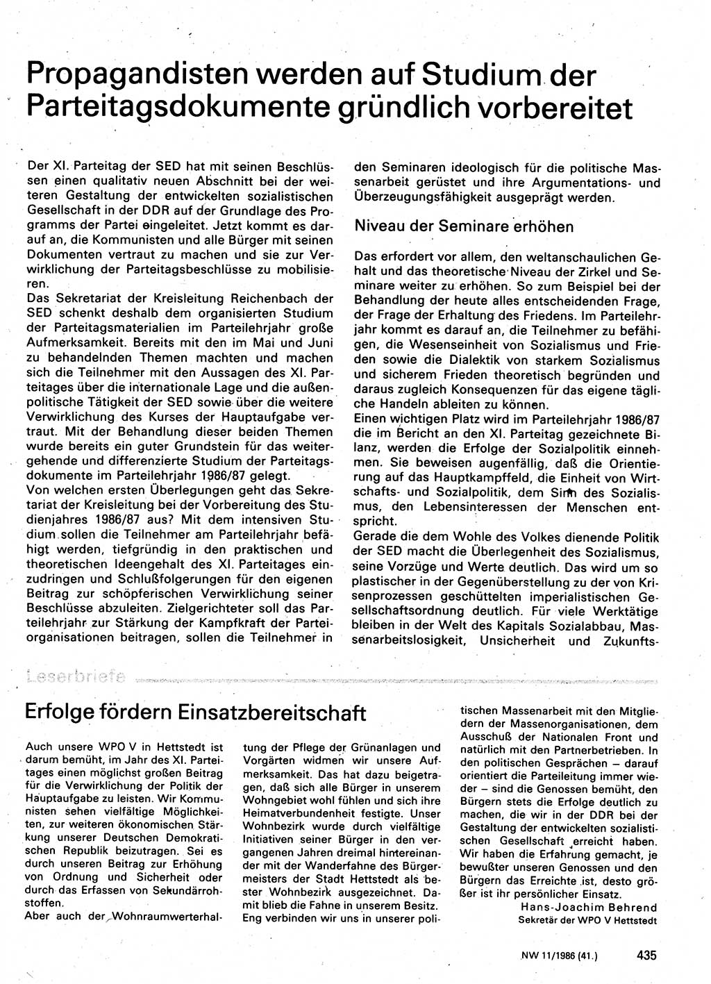 Neuer Weg (NW), Organ des Zentralkomitees (ZK) der SED (Sozialistische Einheitspartei Deutschlands) für Fragen des Parteilebens, 41. Jahrgang [Deutsche Demokratische Republik (DDR)] 1986, Seite 435 (NW ZK SED DDR 1986, S. 435)