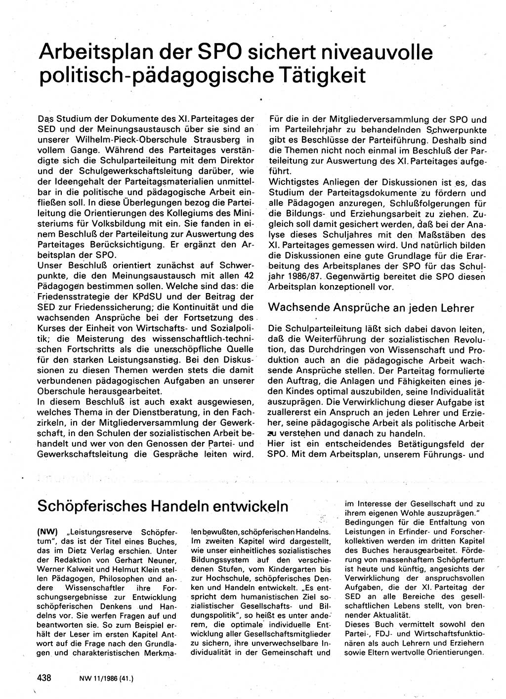 Neuer Weg (NW), Organ des Zentralkomitees (ZK) der SED (Sozialistische Einheitspartei Deutschlands) für Fragen des Parteilebens, 41. Jahrgang [Deutsche Demokratische Republik (DDR)] 1986, Seite 438 (NW ZK SED DDR 1986, S. 438)