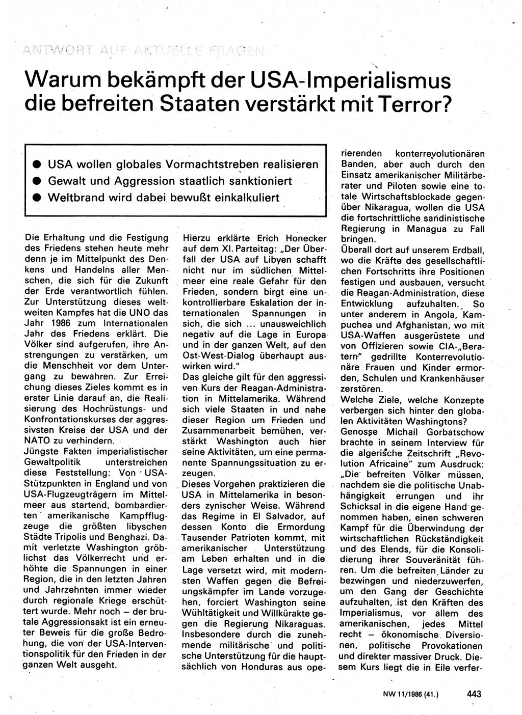 Neuer Weg (NW), Organ des Zentralkomitees (ZK) der SED (Sozialistische Einheitspartei Deutschlands) für Fragen des Parteilebens, 41. Jahrgang [Deutsche Demokratische Republik (DDR)] 1986, Seite 443 (NW ZK SED DDR 1986, S. 443)