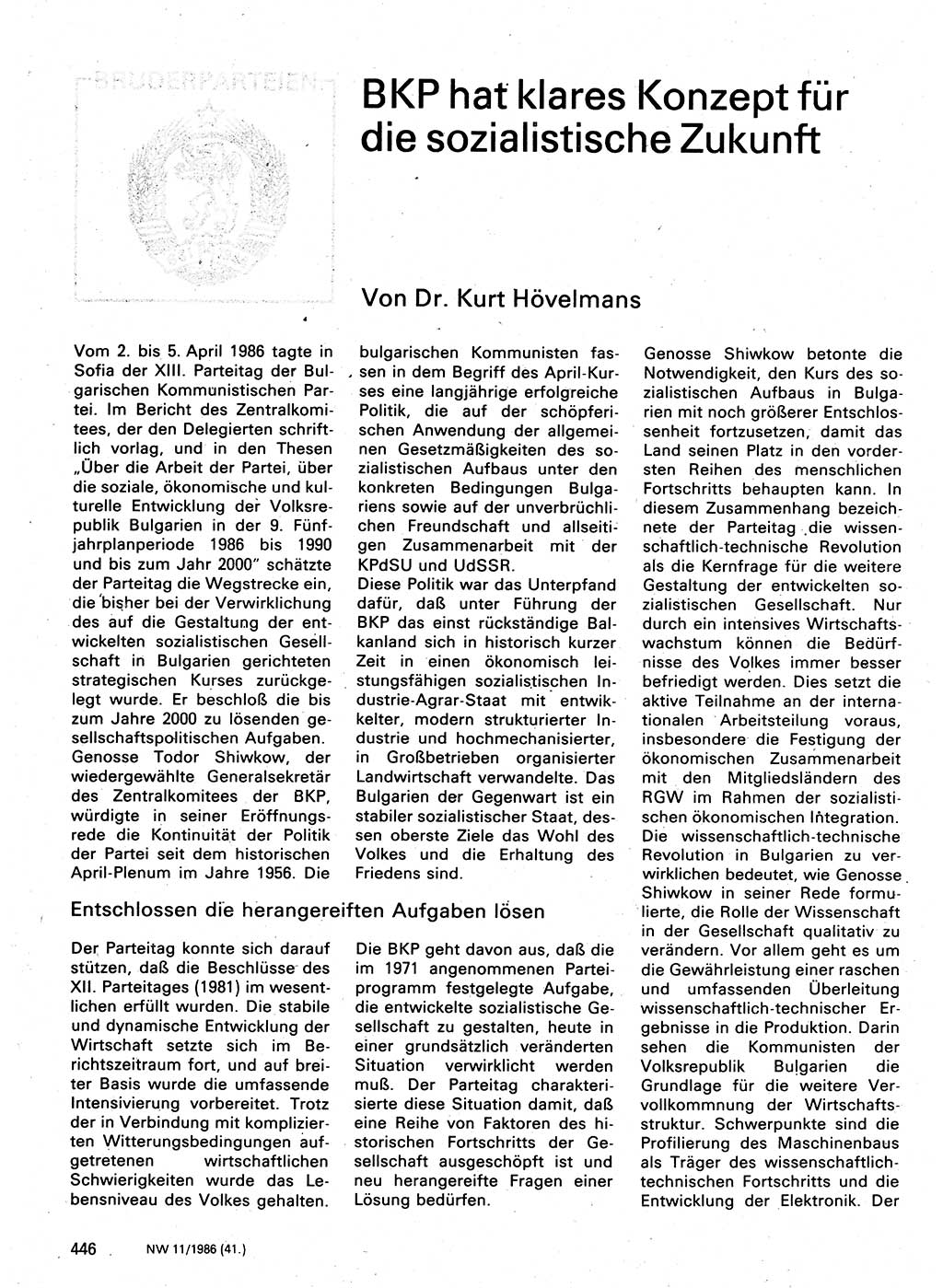 Neuer Weg (NW), Organ des Zentralkomitees (ZK) der SED (Sozialistische Einheitspartei Deutschlands) für Fragen des Parteilebens, 41. Jahrgang [Deutsche Demokratische Republik (DDR)] 1986, Seite 446 (NW ZK SED DDR 1986, S. 446)