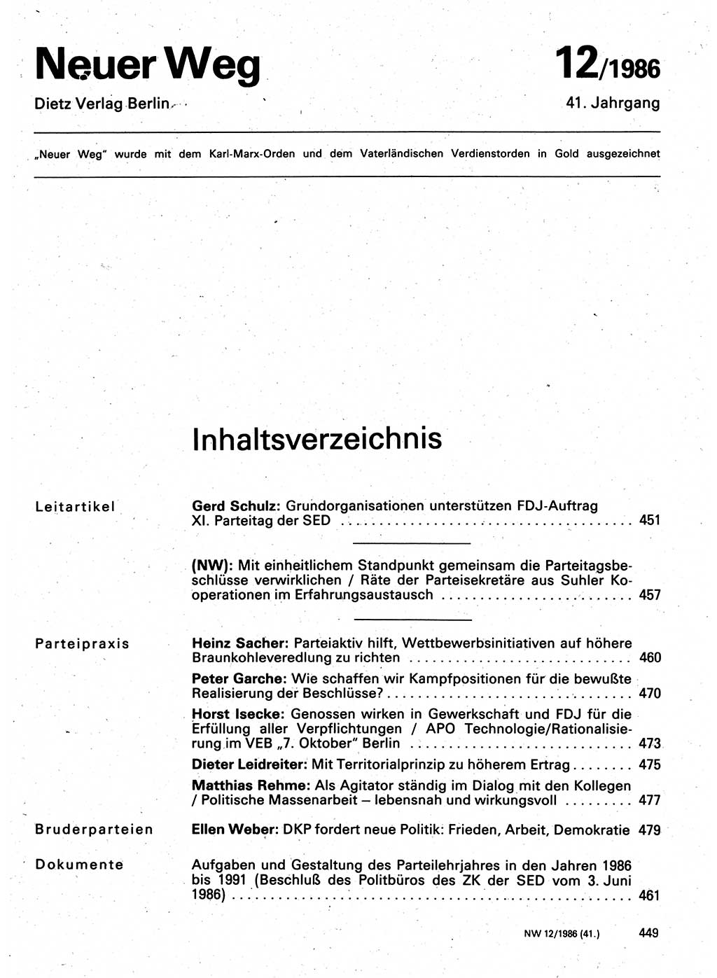Neuer Weg (NW), Organ des Zentralkomitees (ZK) der SED (Sozialistische Einheitspartei Deutschlands) für Fragen des Parteilebens, 41. Jahrgang [Deutsche Demokratische Republik (DDR)] 1986, Seite 449 (NW ZK SED DDR 1986, S. 449)