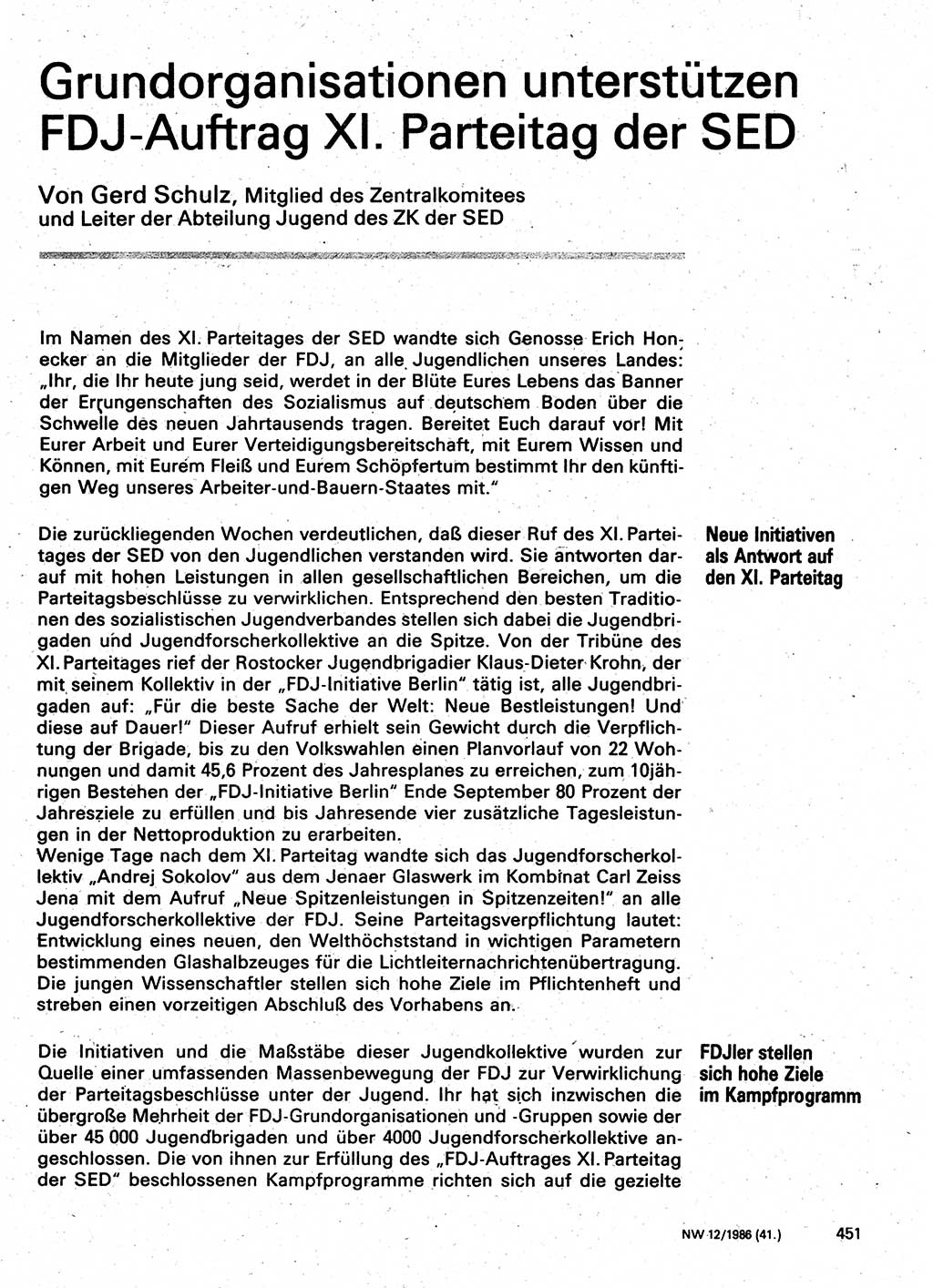 Neuer Weg (NW), Organ des Zentralkomitees (ZK) der SED (Sozialistische Einheitspartei Deutschlands) für Fragen des Parteilebens, 41. Jahrgang [Deutsche Demokratische Republik (DDR)] 1986, Seite 451 (NW ZK SED DDR 1986, S. 451)