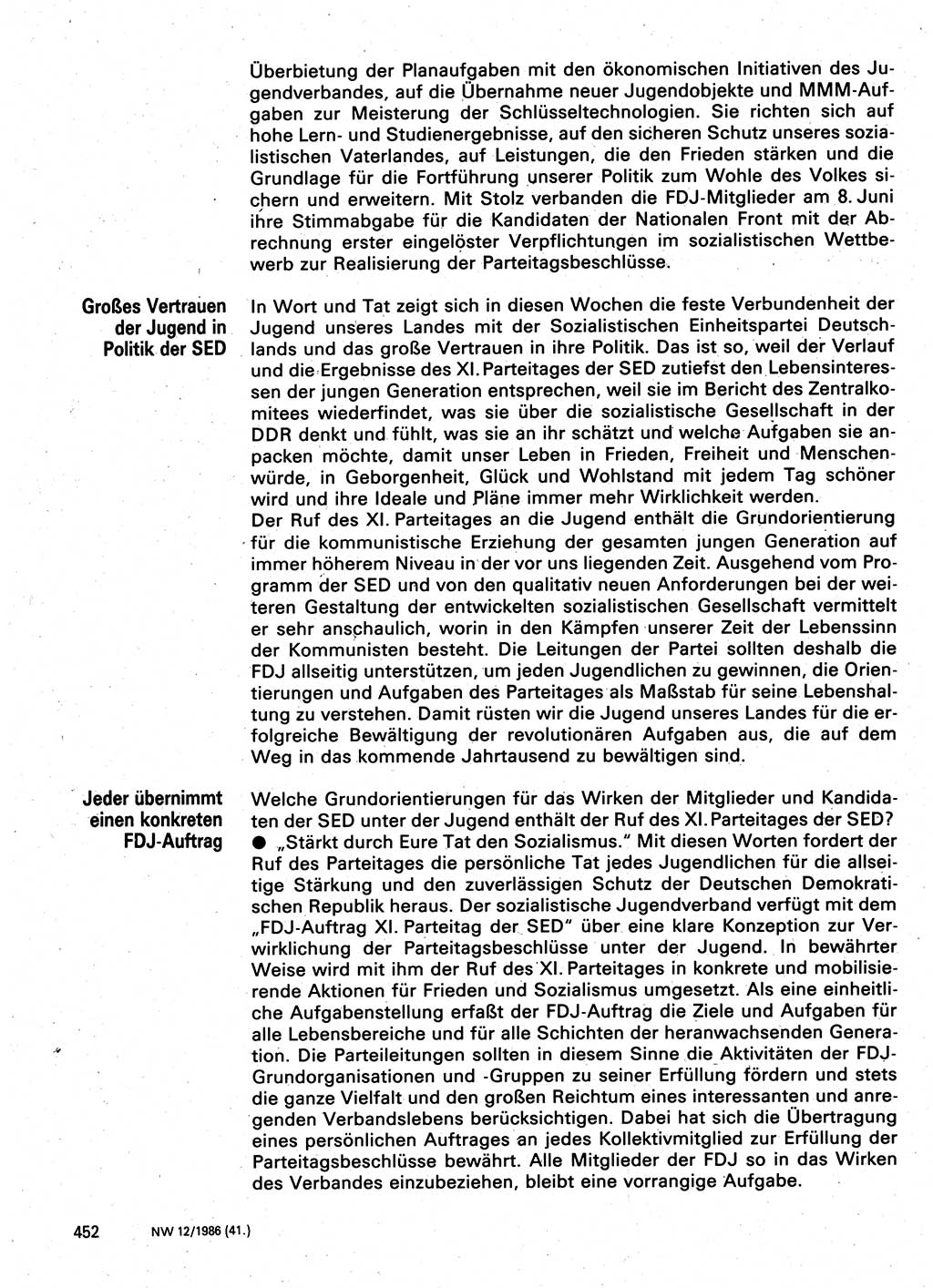 Neuer Weg (NW), Organ des Zentralkomitees (ZK) der SED (Sozialistische Einheitspartei Deutschlands) für Fragen des Parteilebens, 41. Jahrgang [Deutsche Demokratische Republik (DDR)] 1986, Seite 452 (NW ZK SED DDR 1986, S. 452)