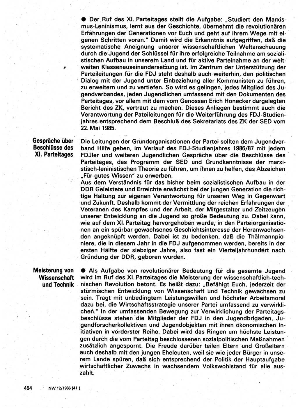 Neuer Weg (NW), Organ des Zentralkomitees (ZK) der SED (Sozialistische Einheitspartei Deutschlands) für Fragen des Parteilebens, 41. Jahrgang [Deutsche Demokratische Republik (DDR)] 1986, Seite 454 (NW ZK SED DDR 1986, S. 454)