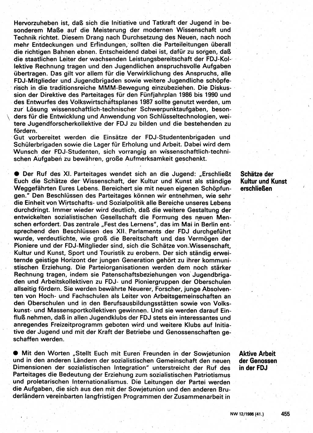 Neuer Weg (NW), Organ des Zentralkomitees (ZK) der SED (Sozialistische Einheitspartei Deutschlands) für Fragen des Parteilebens, 41. Jahrgang [Deutsche Demokratische Republik (DDR)] 1986, Seite 455 (NW ZK SED DDR 1986, S. 455)