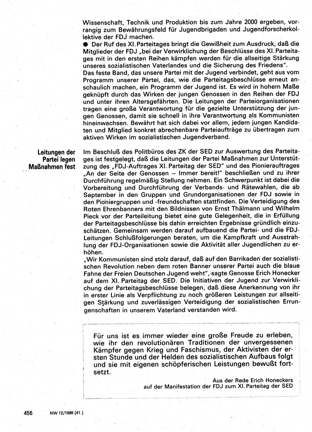 Neuer Weg (NW), Organ des Zentralkomitees (ZK) der SED (Sozialistische Einheitspartei Deutschlands) für Fragen des Parteilebens, 41. Jahrgang [Deutsche Demokratische Republik (DDR)] 1986, Seite 456 (NW ZK SED DDR 1986, S. 456)