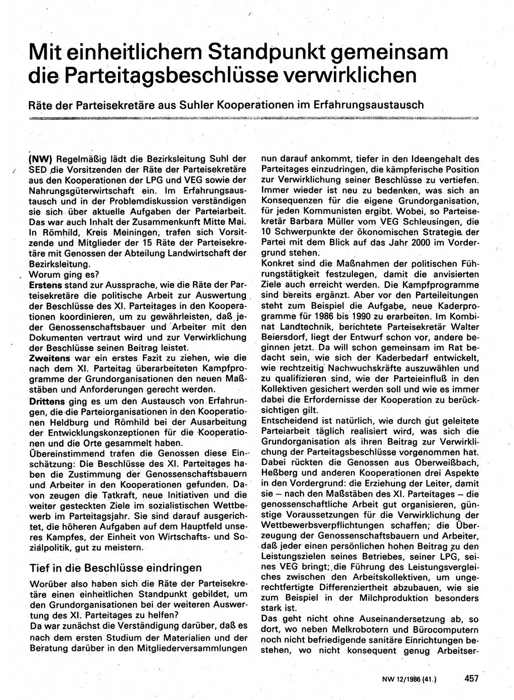 Neuer Weg (NW), Organ des Zentralkomitees (ZK) der SED (Sozialistische Einheitspartei Deutschlands) für Fragen des Parteilebens, 41. Jahrgang [Deutsche Demokratische Republik (DDR)] 1986, Seite 457 (NW ZK SED DDR 1986, S. 457)