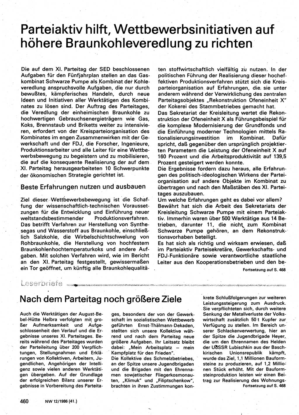 Neuer Weg (NW), Organ des Zentralkomitees (ZK) der SED (Sozialistische Einheitspartei Deutschlands) für Fragen des Parteilebens, 41. Jahrgang [Deutsche Demokratische Republik (DDR)] 1986, Seite 460 (NW ZK SED DDR 1986, S. 460)