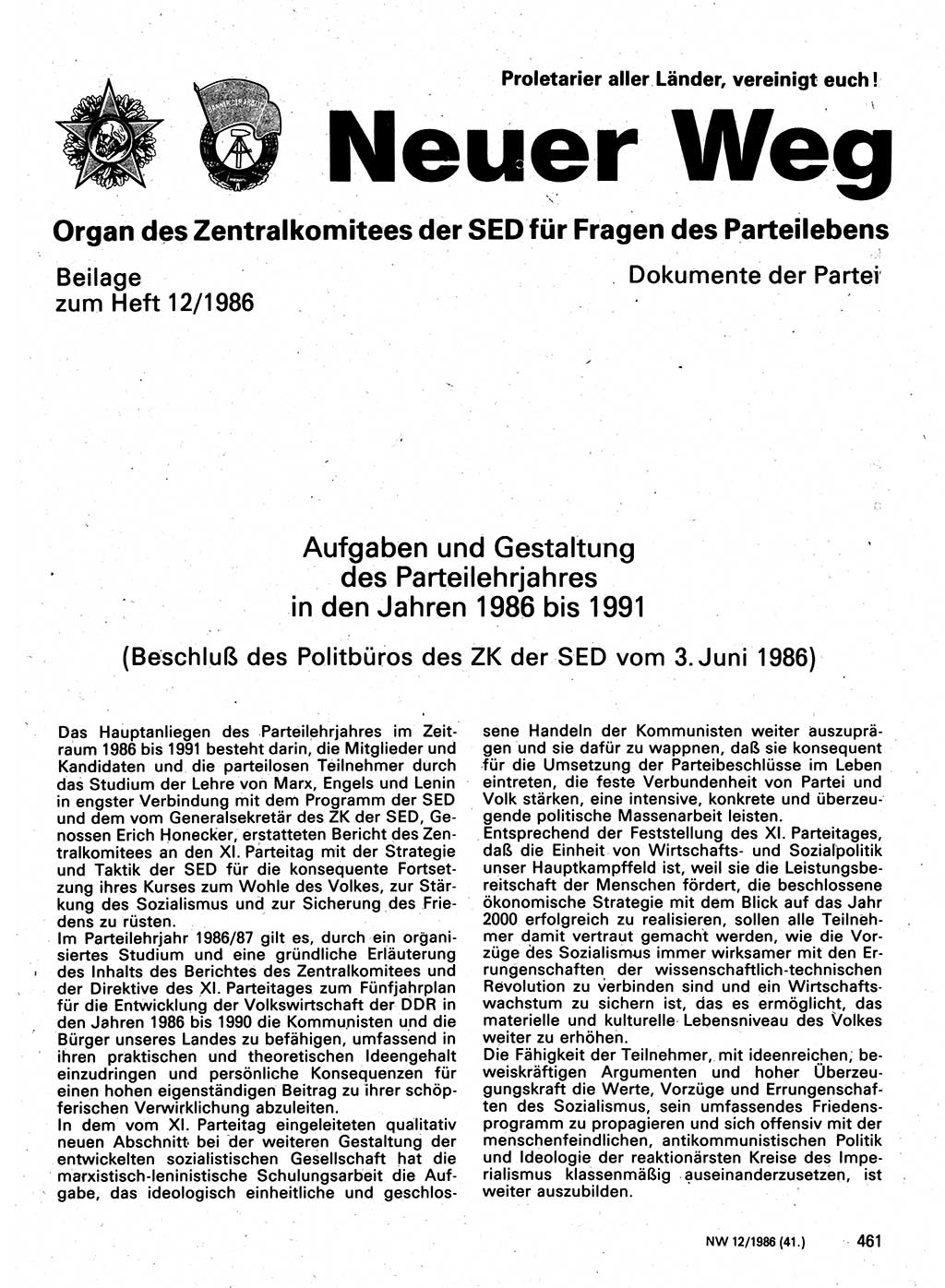 Neuer Weg (NW), Organ des Zentralkomitees (ZK) der SED (Sozialistische Einheitspartei Deutschlands) für Fragen des Parteilebens, 41. Jahrgang [Deutsche Demokratische Republik (DDR)] 1986, Seite 461 (NW ZK SED DDR 1986, S. 461)