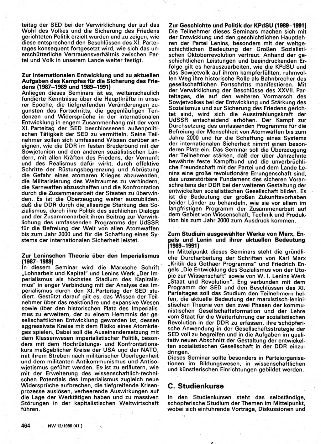 Neuer Weg (NW), Organ des Zentralkomitees (ZK) der SED (Sozialistische Einheitspartei Deutschlands) für Fragen des Parteilebens, 41. Jahrgang [Deutsche Demokratische Republik (DDR)] 1986, Seite 464 (NW ZK SED DDR 1986, S. 464)