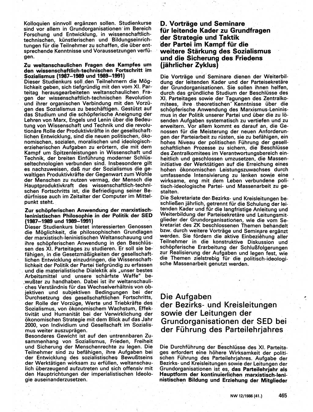 Neuer Weg (NW), Organ des Zentralkomitees (ZK) der SED (Sozialistische Einheitspartei Deutschlands) für Fragen des Parteilebens, 41. Jahrgang [Deutsche Demokratische Republik (DDR)] 1986, Seite 465 (NW ZK SED DDR 1986, S. 465)