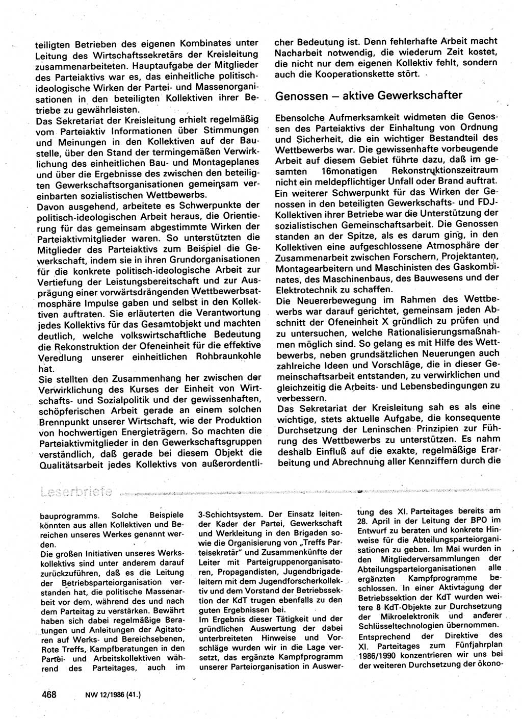 Neuer Weg (NW), Organ des Zentralkomitees (ZK) der SED (Sozialistische Einheitspartei Deutschlands) für Fragen des Parteilebens, 41. Jahrgang [Deutsche Demokratische Republik (DDR)] 1986, Seite 468 (NW ZK SED DDR 1986, S. 468)