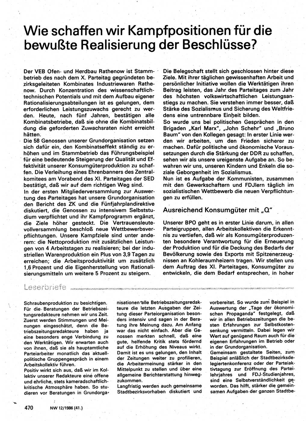 Neuer Weg (NW), Organ des Zentralkomitees (ZK) der SED (Sozialistische Einheitspartei Deutschlands) für Fragen des Parteilebens, 41. Jahrgang [Deutsche Demokratische Republik (DDR)] 1986, Seite 470 (NW ZK SED DDR 1986, S. 470)