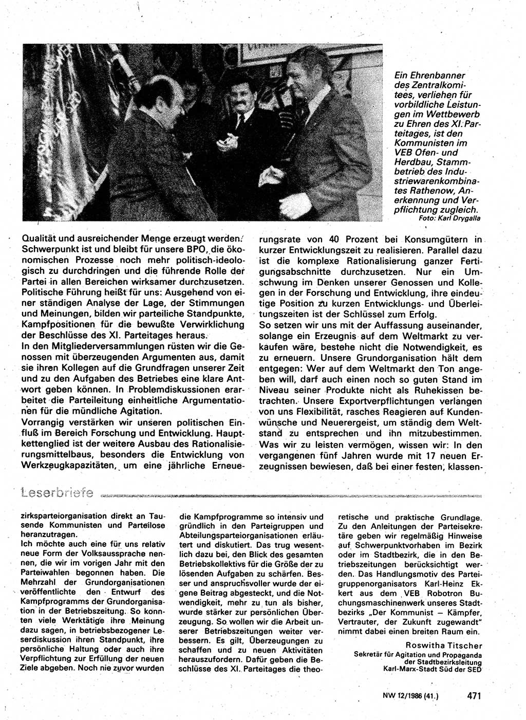 Neuer Weg (NW), Organ des Zentralkomitees (ZK) der SED (Sozialistische Einheitspartei Deutschlands) für Fragen des Parteilebens, 41. Jahrgang [Deutsche Demokratische Republik (DDR)] 1986, Seite 471 (NW ZK SED DDR 1986, S. 471)