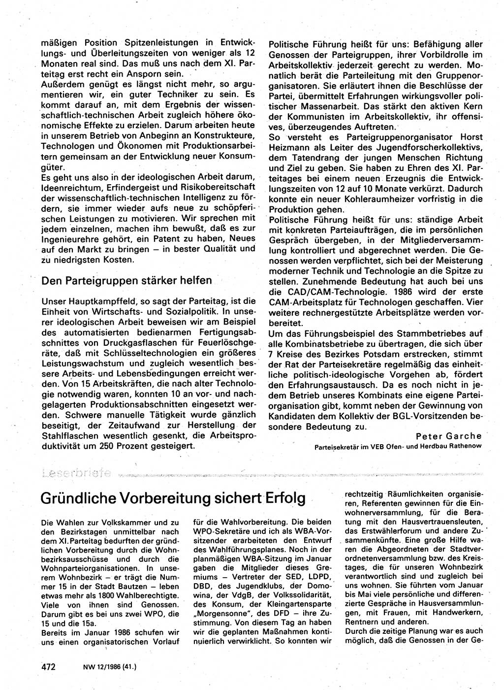 Neuer Weg (NW), Organ des Zentralkomitees (ZK) der SED (Sozialistische Einheitspartei Deutschlands) für Fragen des Parteilebens, 41. Jahrgang [Deutsche Demokratische Republik (DDR)] 1986, Seite 472 (NW ZK SED DDR 1986, S. 472)