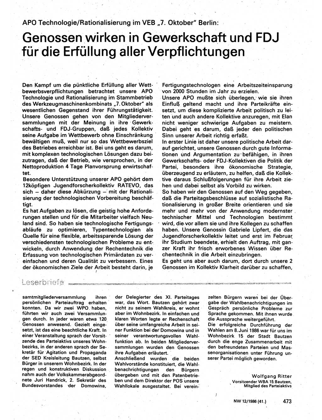 Neuer Weg (NW), Organ des Zentralkomitees (ZK) der SED (Sozialistische Einheitspartei Deutschlands) für Fragen des Parteilebens, 41. Jahrgang [Deutsche Demokratische Republik (DDR)] 1986, Seite 473 (NW ZK SED DDR 1986, S. 473)