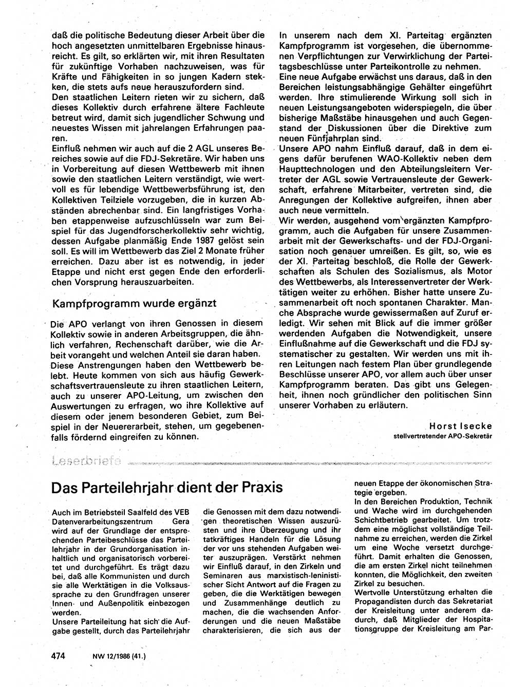 Neuer Weg (NW), Organ des Zentralkomitees (ZK) der SED (Sozialistische Einheitspartei Deutschlands) für Fragen des Parteilebens, 41. Jahrgang [Deutsche Demokratische Republik (DDR)] 1986, Seite 474 (NW ZK SED DDR 1986, S. 474)