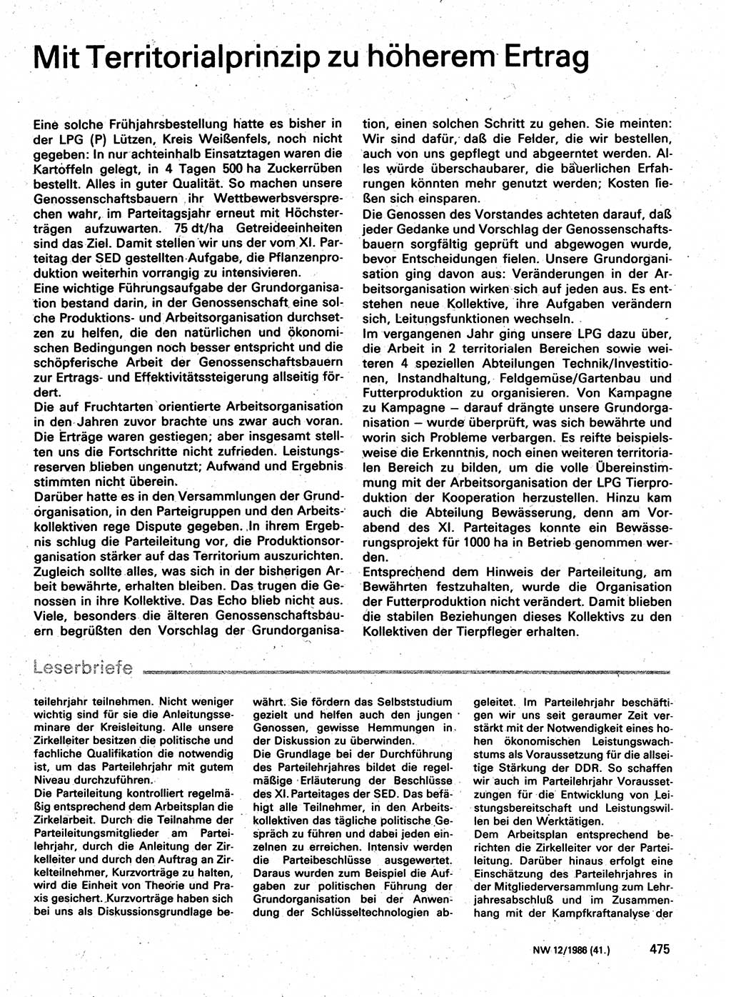 Neuer Weg (NW), Organ des Zentralkomitees (ZK) der SED (Sozialistische Einheitspartei Deutschlands) für Fragen des Parteilebens, 41. Jahrgang [Deutsche Demokratische Republik (DDR)] 1986, Seite 475 (NW ZK SED DDR 1986, S. 475)