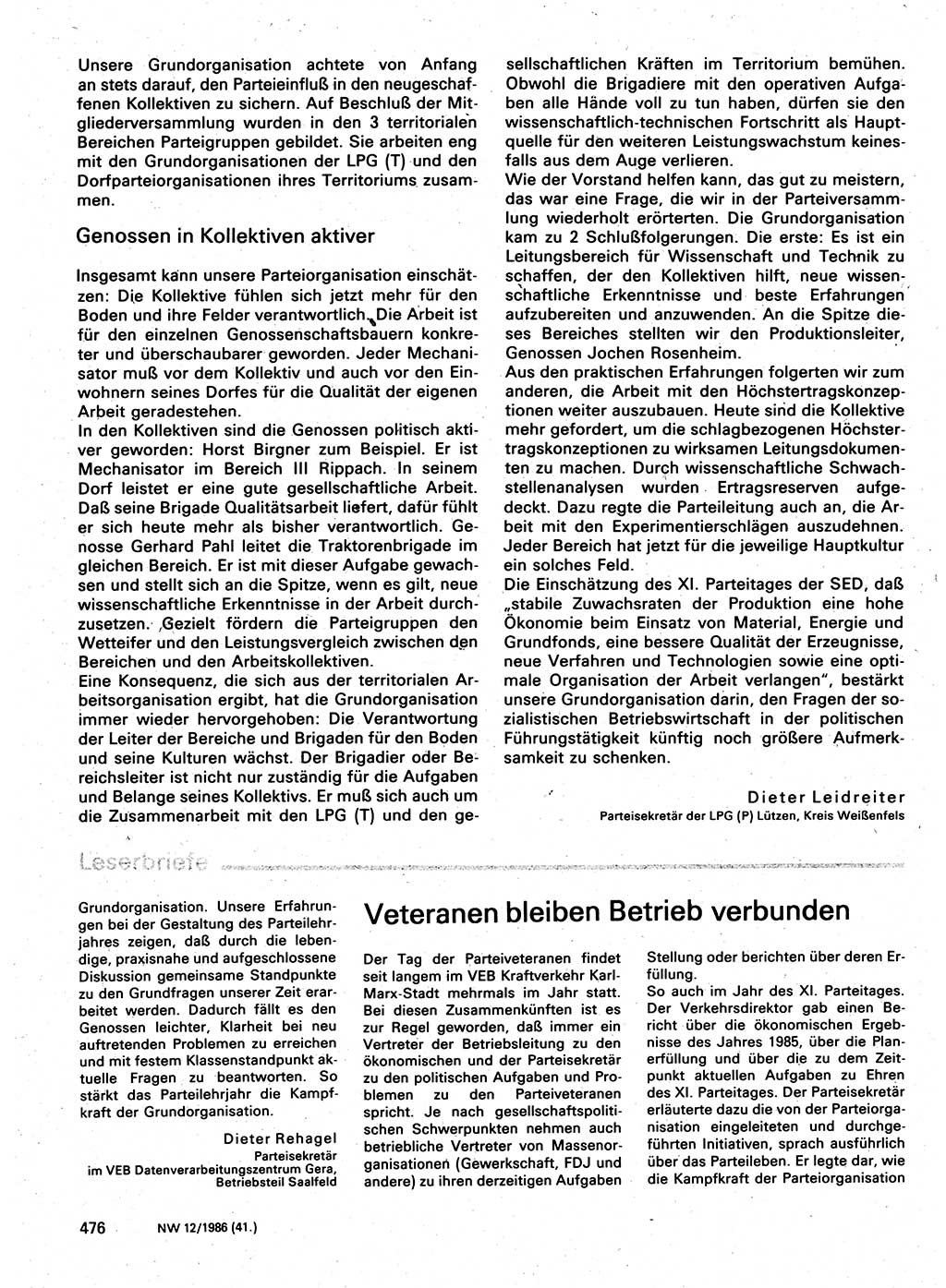 Neuer Weg (NW), Organ des Zentralkomitees (ZK) der SED (Sozialistische Einheitspartei Deutschlands) für Fragen des Parteilebens, 41. Jahrgang [Deutsche Demokratische Republik (DDR)] 1986, Seite 476 (NW ZK SED DDR 1986, S. 476)