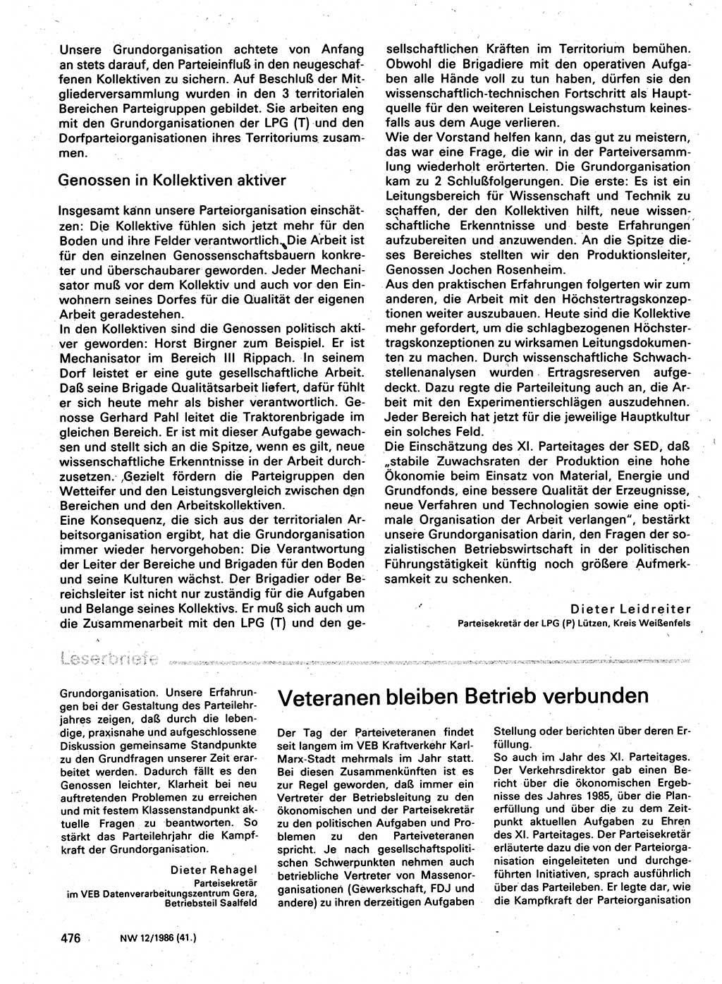 Neuer Weg (NW), Organ des Zentralkomitees (ZK) der SED (Sozialistische Einheitspartei Deutschlands) für Fragen des Parteilebens, 41. Jahrgang [Deutsche Demokratische Republik (DDR)] 1986, Seite 476 (NW ZK SED DDR 1986, S. 476)